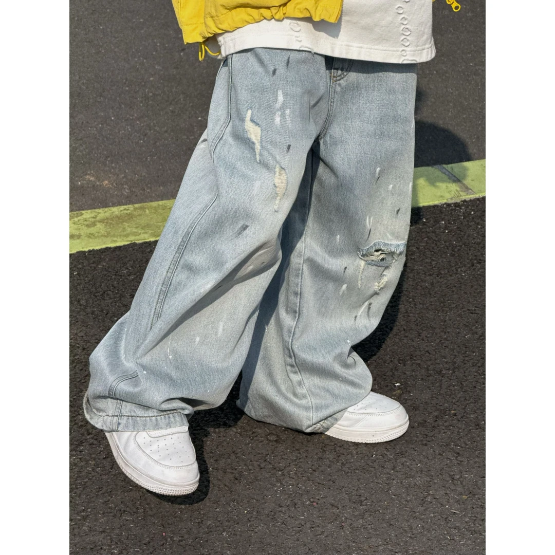 现货THE LUHAN【破绽雅韵】春秋直筒破洞休闲亲子装大童牛仔裤25073