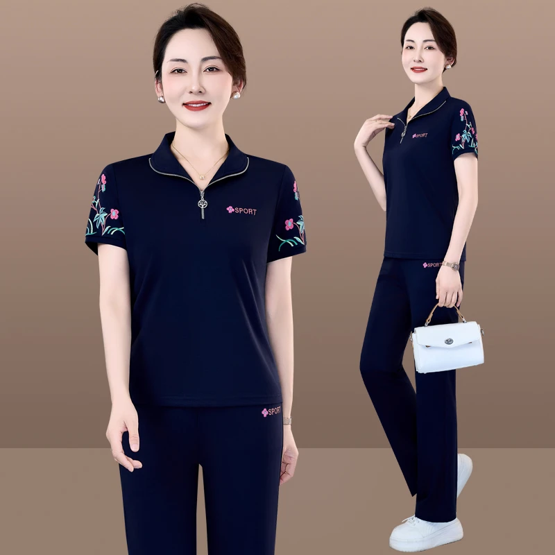 恩狐中年妈妈夏装运动服套装2025新款洋气显瘦半拉链T恤两件套