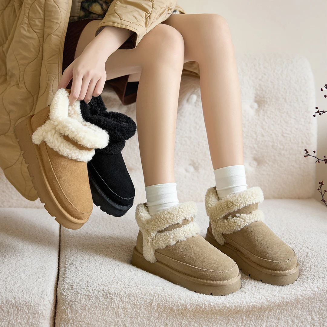 意尔康雪地靴2025冬季加绒保暖棉鞋厚底短筒户外短靴毛毛鞋女鞋
