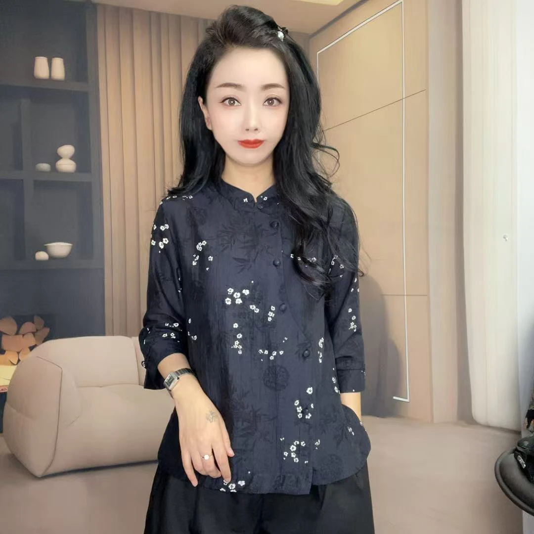k5265 新中式国风气质感修身显瘦舒适透气减龄斜扣七分袖衬衫