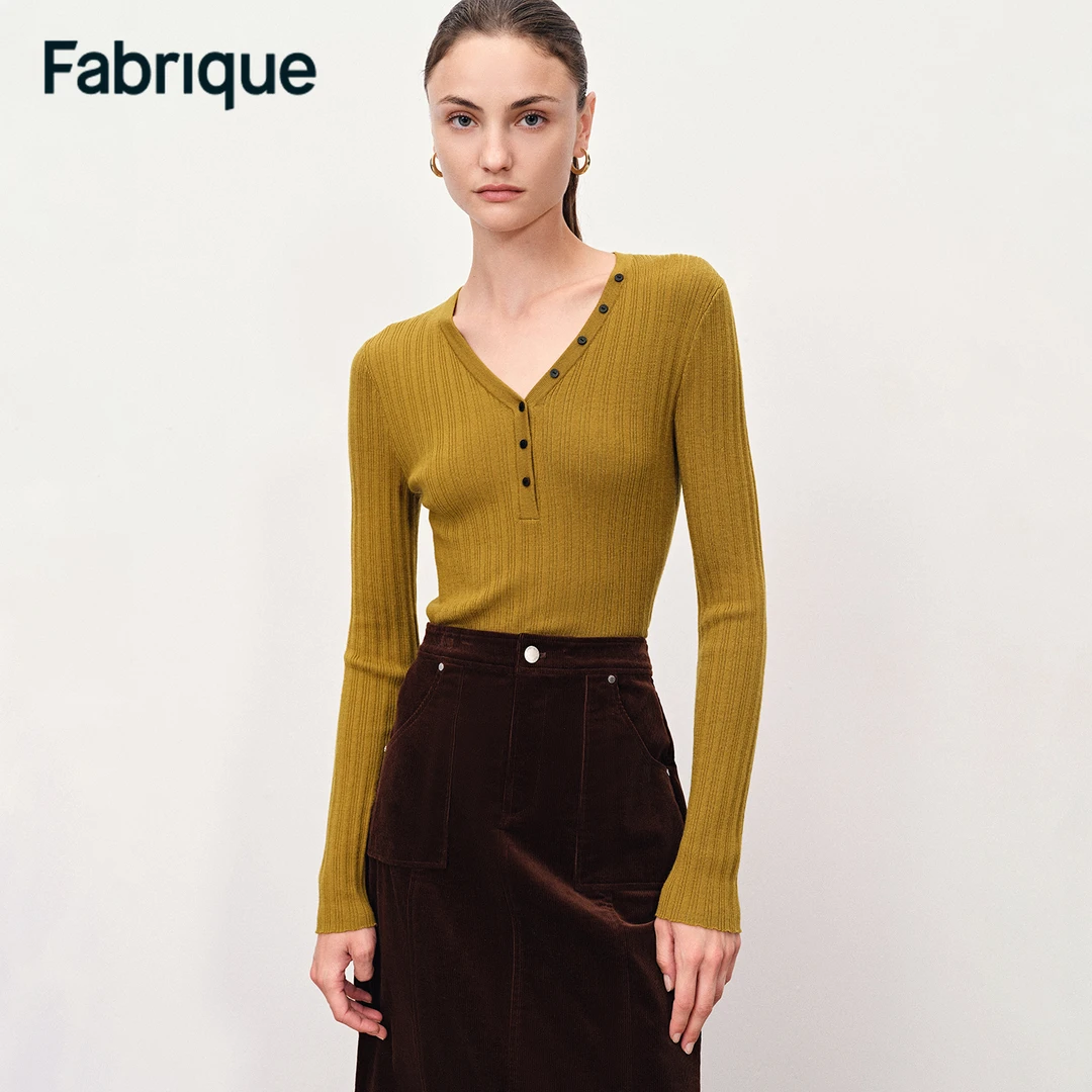 Fabrique Vivi 秋冬新品芥末黄绿绵羊毛纽扣V领法式复古针织上衣