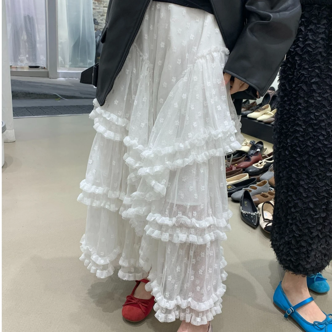 半身裙白色蕾丝高腰长裙春夏重工套装百褶裙半裙时尚裙子