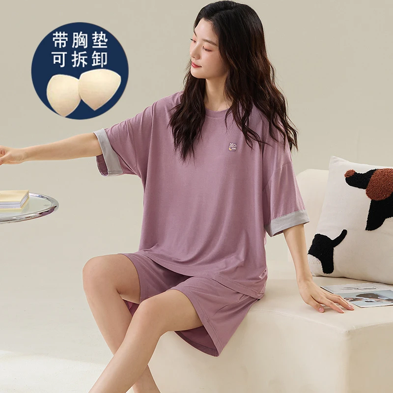 夏季睡衣女莫代尔短袖薄款简约纯色带胸垫宽松套头夏天大码家居服