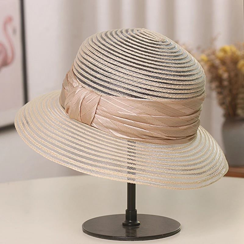 赫本风网纱透气蝴蝶结草帽女法式复古大檐防晒渔夫帽可折叠遮阳帽