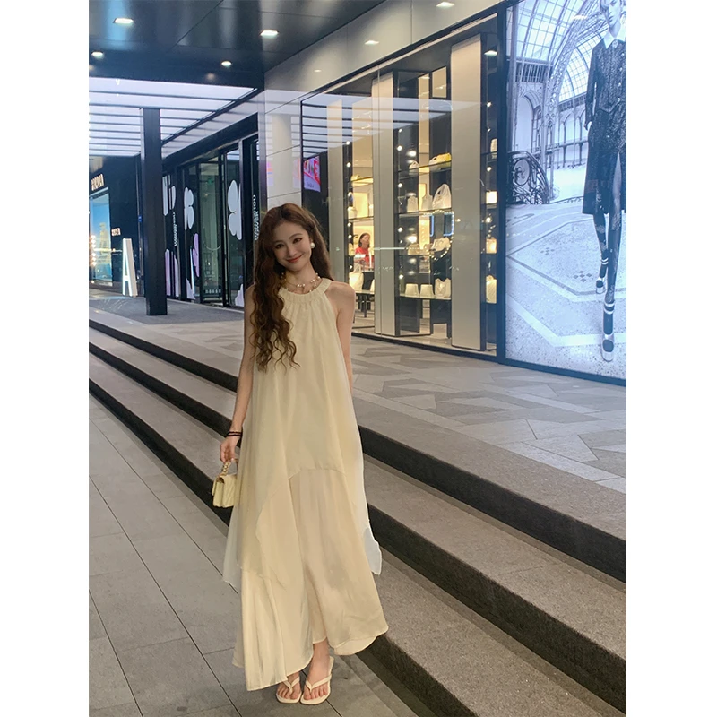YANCC【落落白月】挂脖叠穿式假两件连衣裙裙