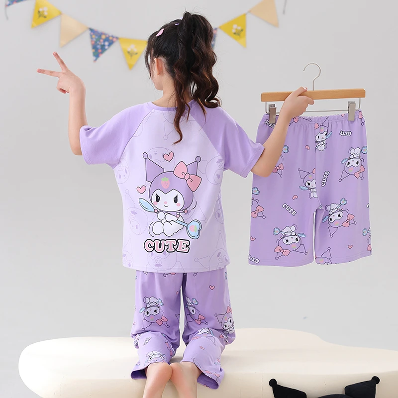 6-12岁睡衣儿童夏季空调服薄款三件套中大童短袖长裤库洛米家居服