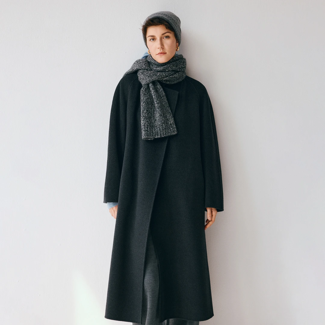 小虫设计师都市活力系列 擦肩袖双面手工羊毛羊绒长大衣T25DMN032