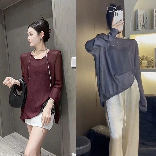 MM M胸112-132长66烫钻t恤新中式防晒网纱修身显瘦上衣 9999