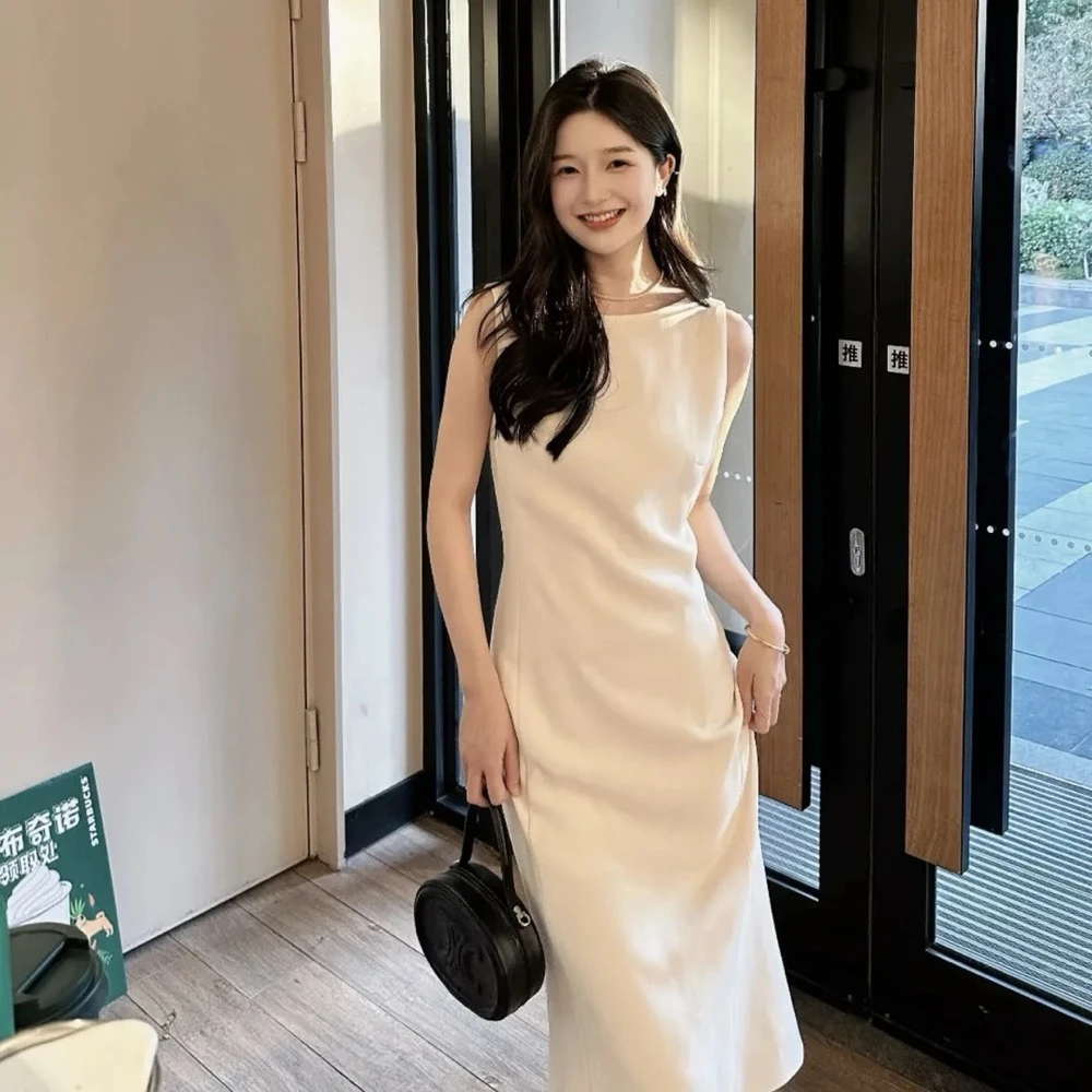 哥弟气质高级感优雅质感鱼尾无袖温柔风连衣裙子1500486白色