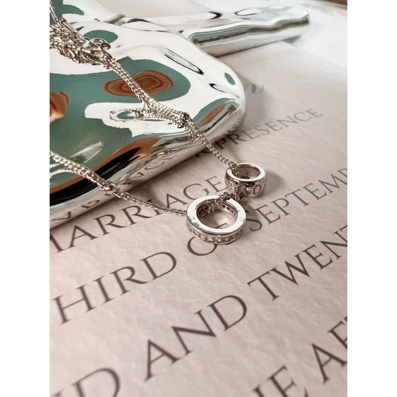 坠链均925银合成锆石 精工时尚百搭电白双圈合成锆石银项链