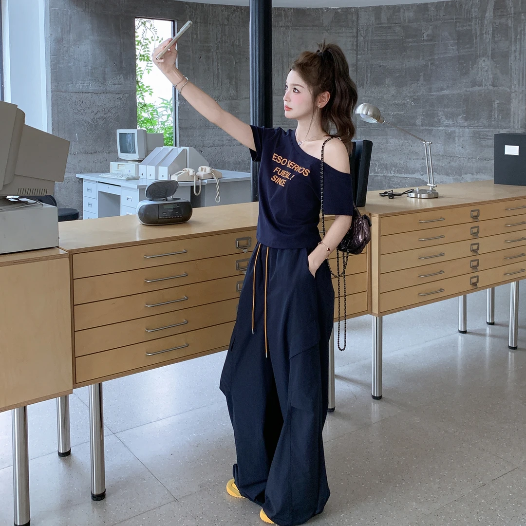 2025新款斜肩短袖T恤+工装裤套装157-1098-P155K228