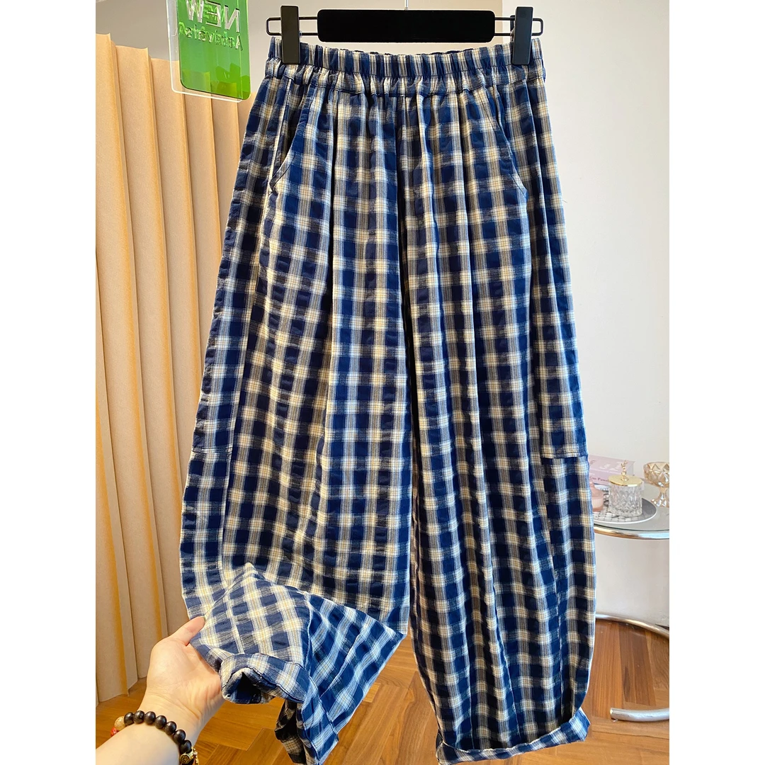 大码女装胖mm240斤格纹裤子女宽松薄款休闲百搭超好看哈伦九分裤
