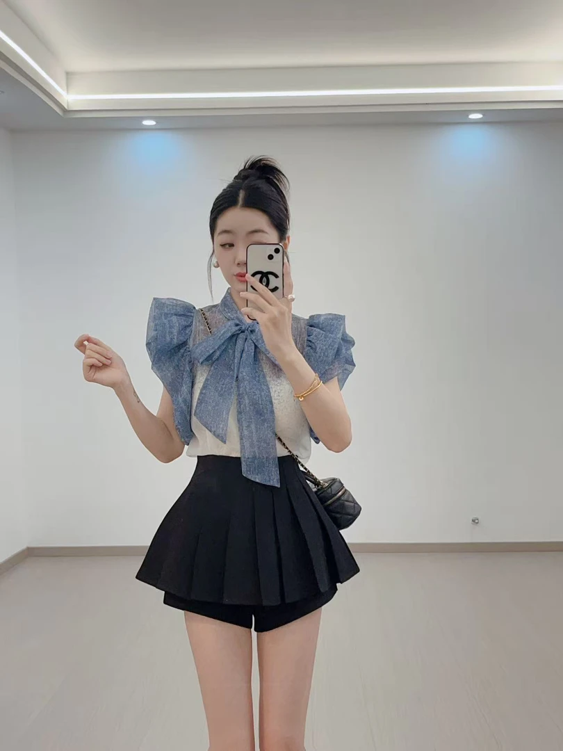 高级感小众夏季甜美女装气质上衣荷叶边小飞袖立领绑带渐变色衬衫