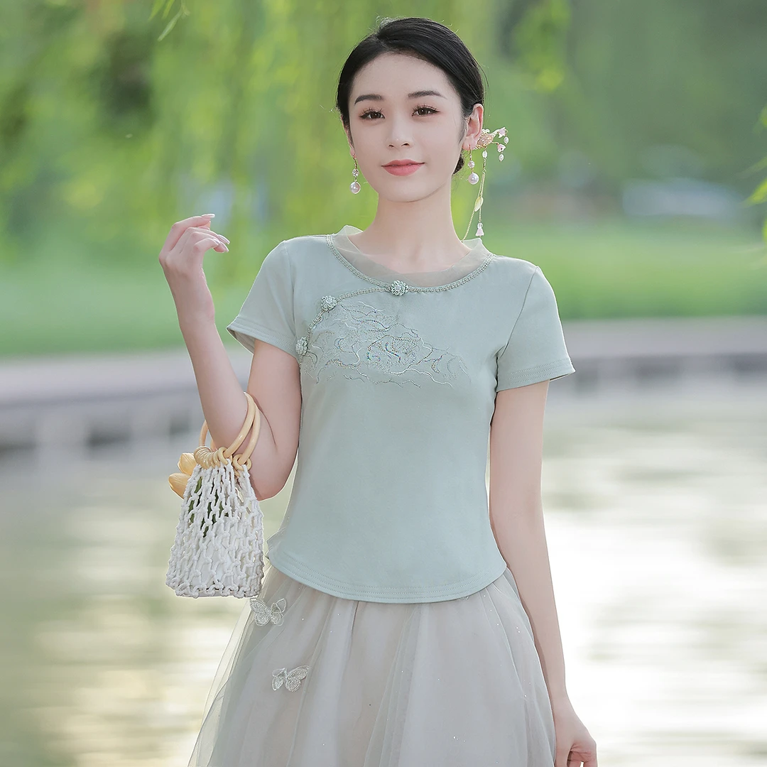 烟花烫刺绣文艺气质修身棉t恤女夏季新款时尚百搭短袖上衣 业雅