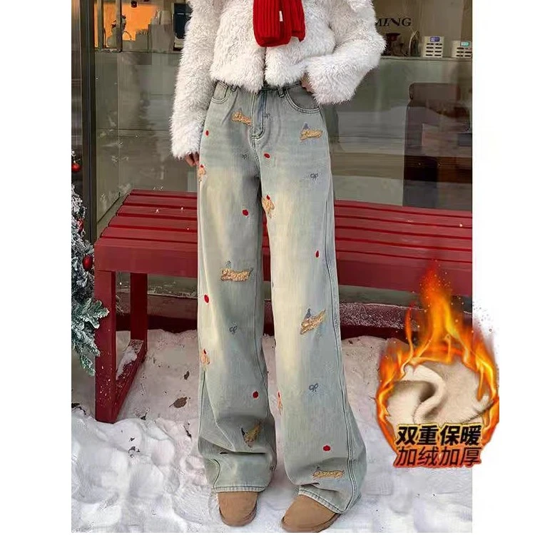 2365#浅色无弹卡通腊肠狗高腰刺绣秋冬季牛仔裤保暖宽松直筒裤子