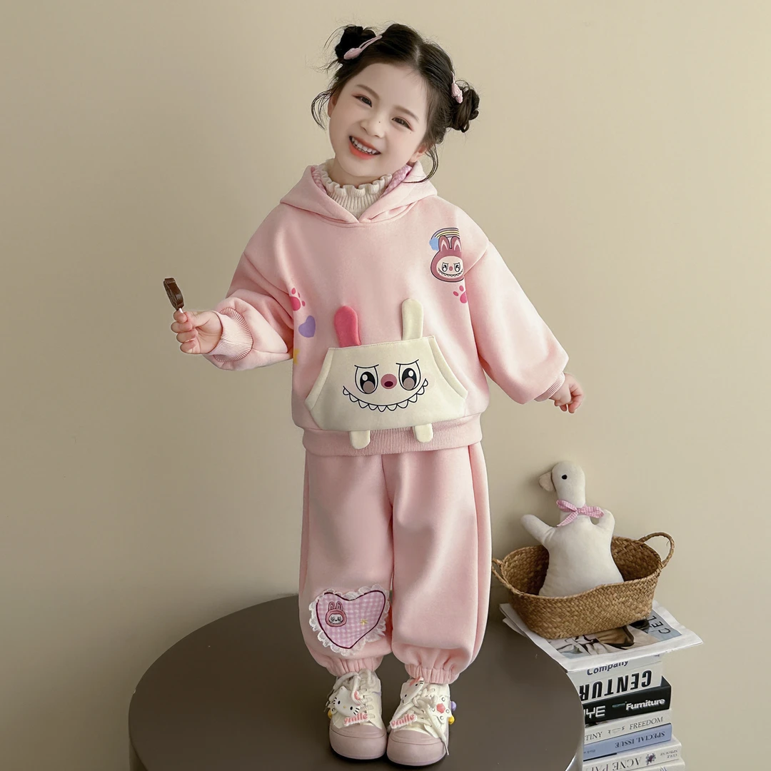 女童加绒套装秋冬季2025新款女宝宝卡通卫衣洋气儿童冬装运动衣服