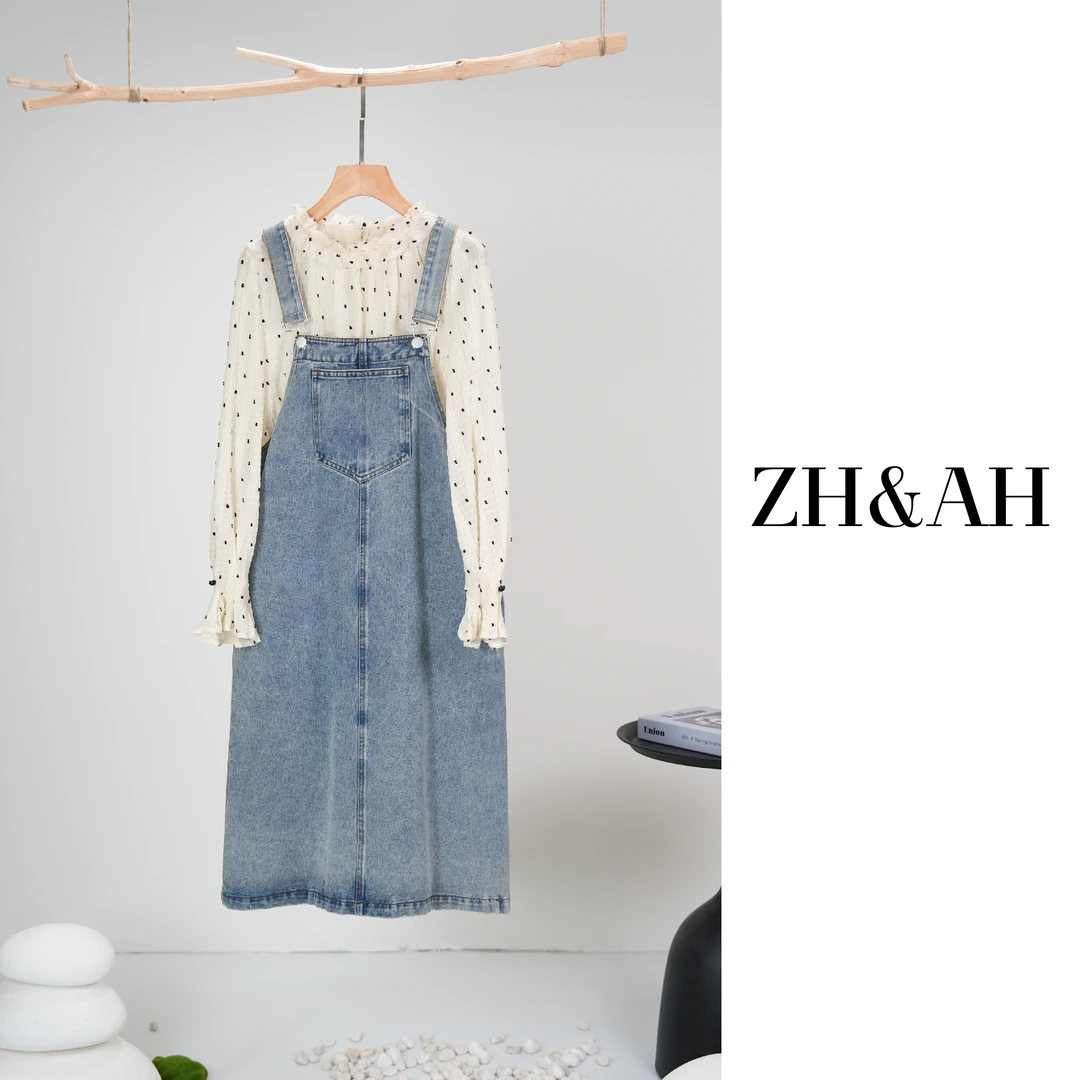 ZH&AH【春田花花】春季新款孕期时尚气质减龄波点衬衫背带裙套装