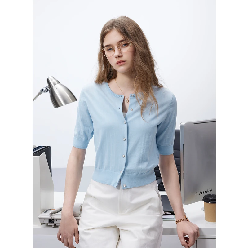 【100棉针织衫】三彩2025春季新款圆领单排扣开衫短袖小衫上衣女M