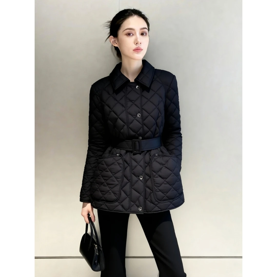 冬季棉服女款2025新款独特超好看收腰气质小香风黑色夹棉菱格外套