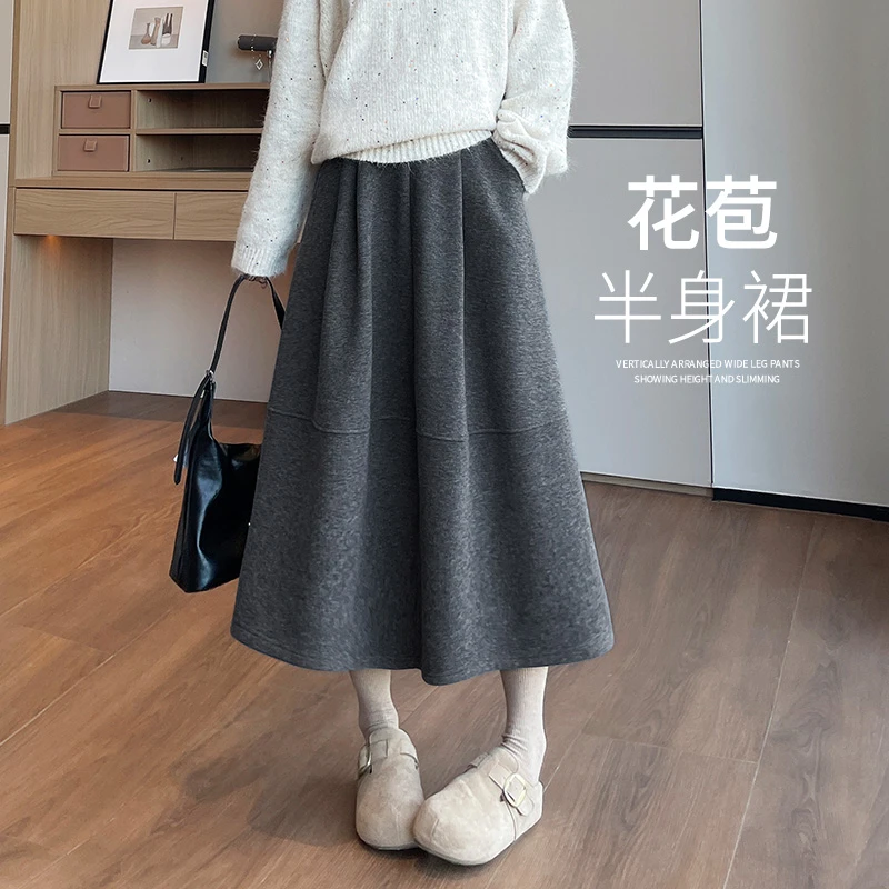 小个子高腰百搭毛呢羊毛半身裙秋冬2025新款灰色韩版a字花苞裙子