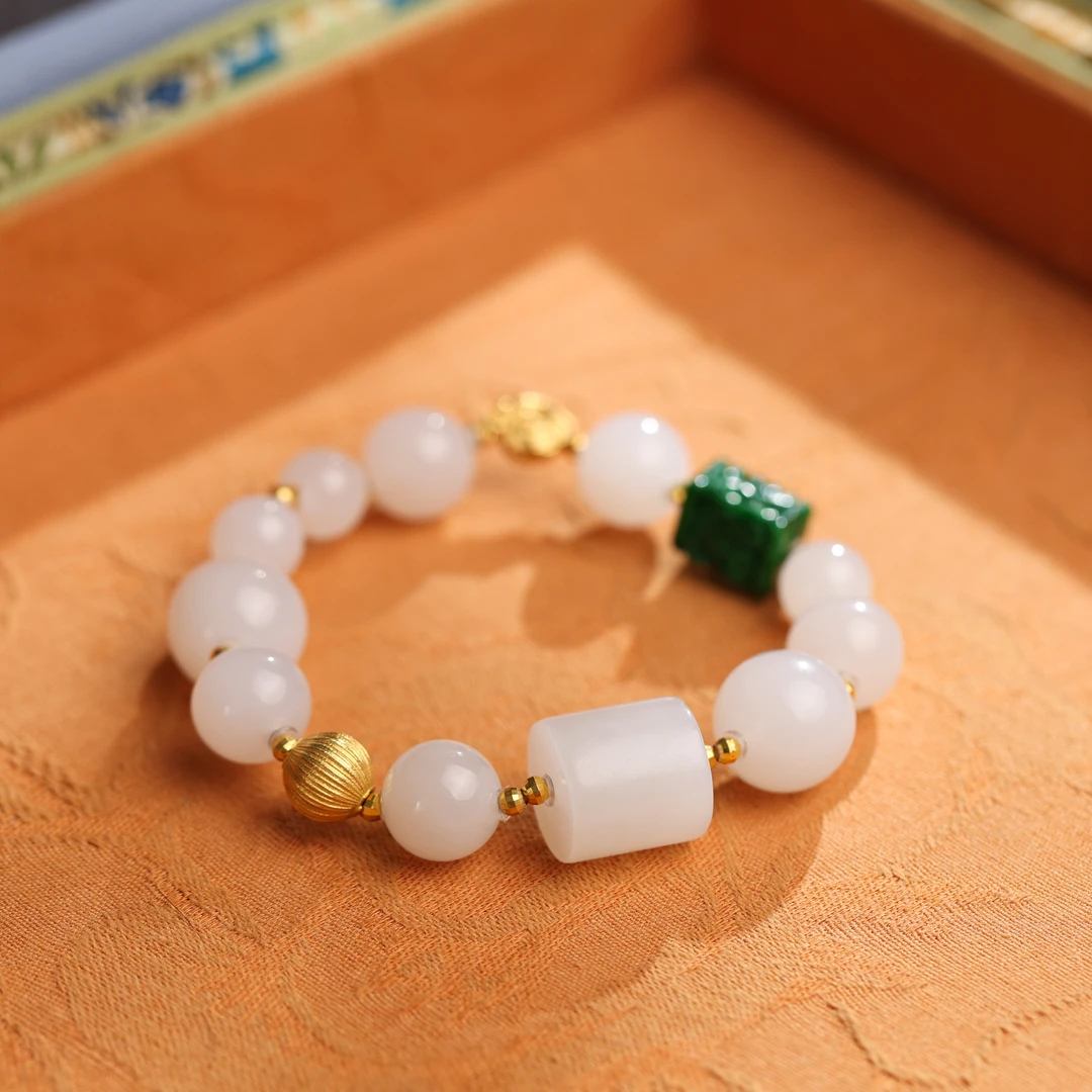 【络曦白】和田玉白玉手串·18k金镶·女士百搭气质精致单圈玉手串