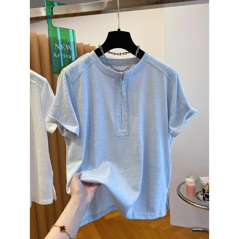 胖妹妹240斤韩范下摆开叉半拉链短袖上衣夏季宽松显瘦大码女装T恤