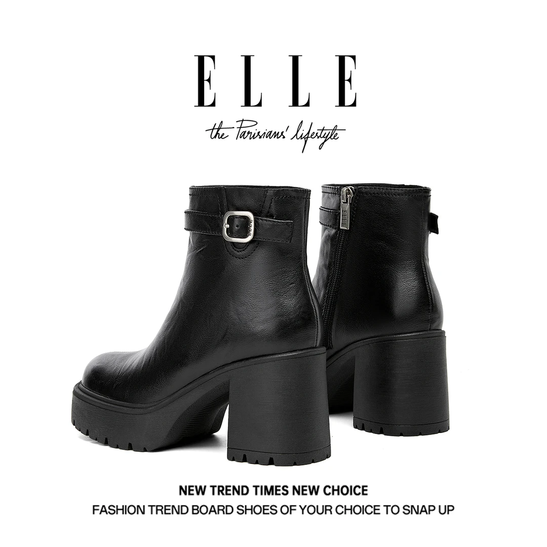 ELLE高颜值复古经典时装靴女爆款外侧金属搭扣厚底圆头防滑雪地靴