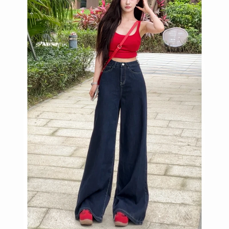 慵懒宽松百搭垂坠感原牛色阔腿裤女2025年秋季新款拖地牛仔长裤