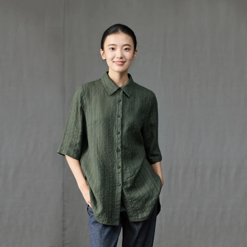 Q.TU亚麻色织条纹衬衫短袖翻领4558复古通勤显瘦夏天夏季新款衬衣