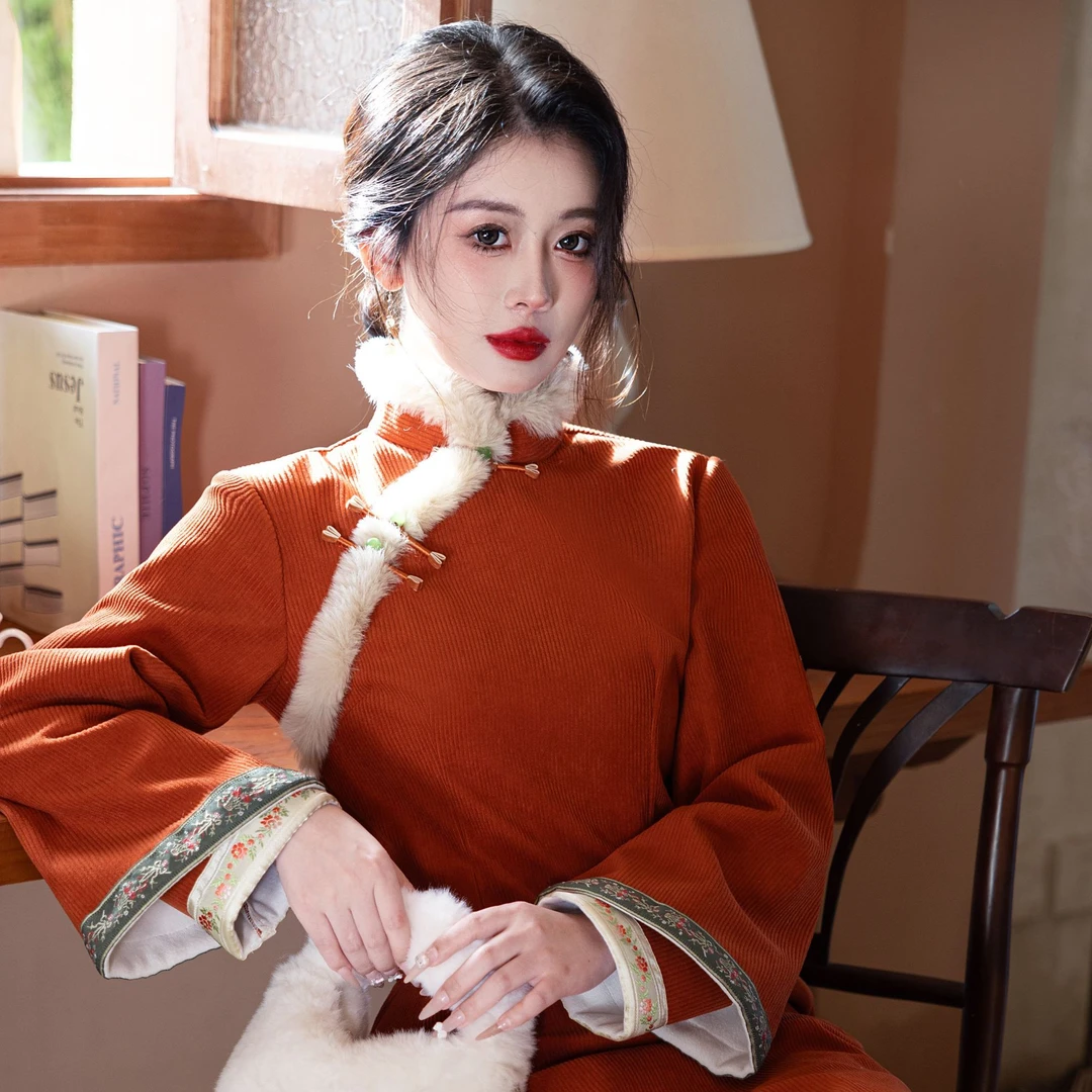 《K130》秋冬季新款高级温柔显白竹叶收腰修身改良立领旗袍