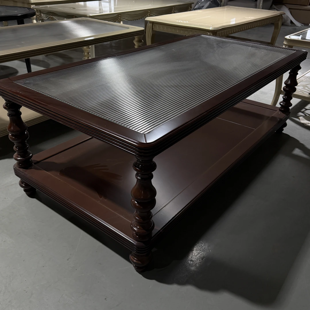 波纹钢化玻璃实木茶几