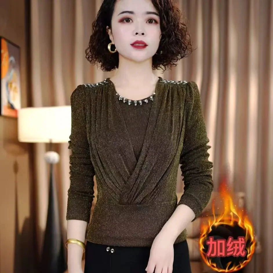 气质钉珠蕾丝圆领加厚中年印花法式春装小衫亮丝打底衫