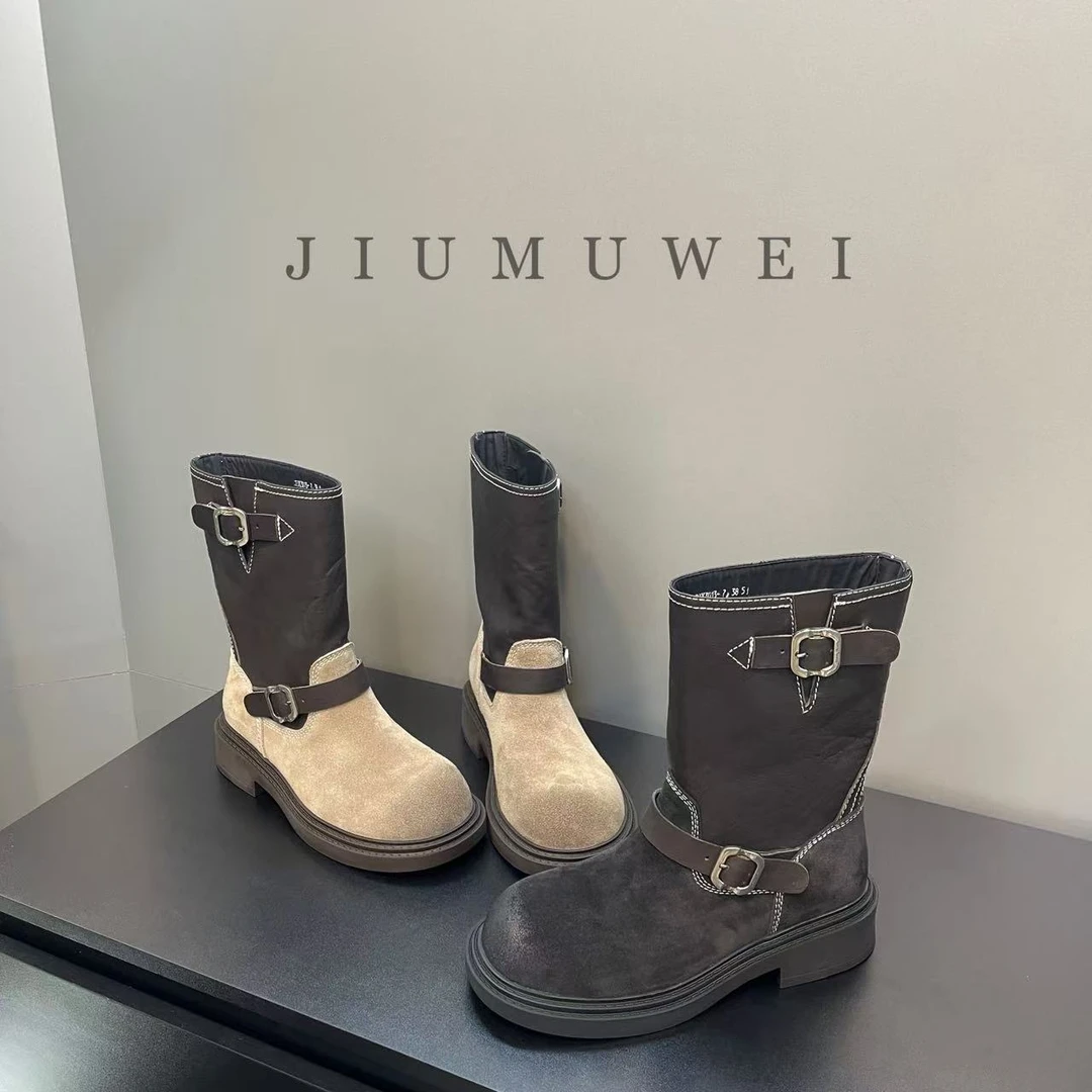 JIUMUWEI  早秋时尚高丝光平底短靴  2185  3013-7