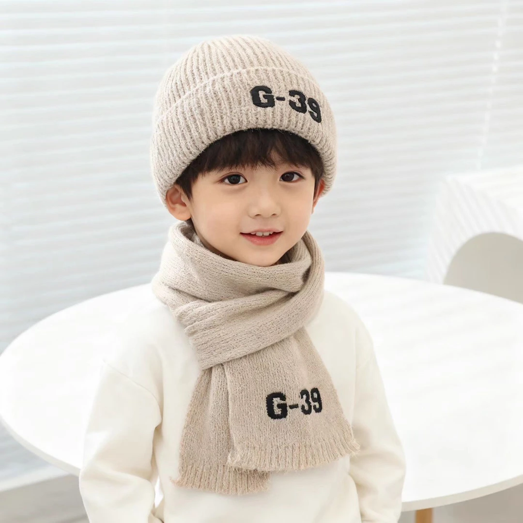 潮玩佳冬季儿童帽子围巾套装宝宝加绒加厚毛线帽防风保暖套头帽冬