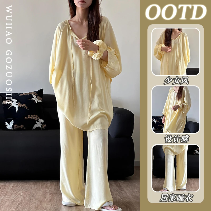 纯色简约长袖睡衣春夏季新款波点家居少女新中式居家睡衣舒适