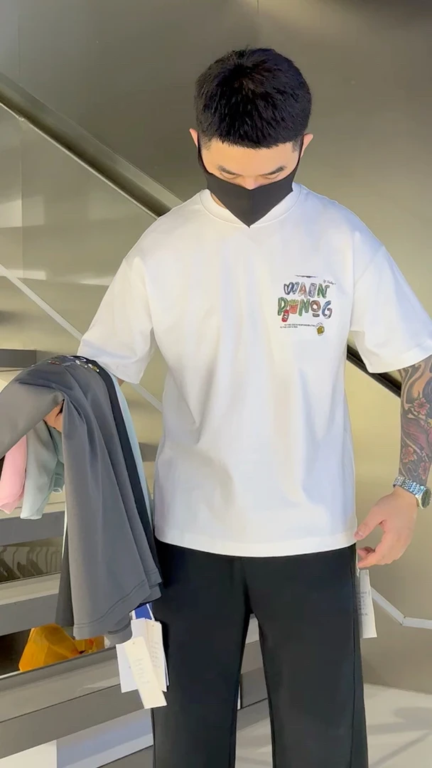 短袖常规款落肩袖T恤上衣港风男装翻领情侣-9917