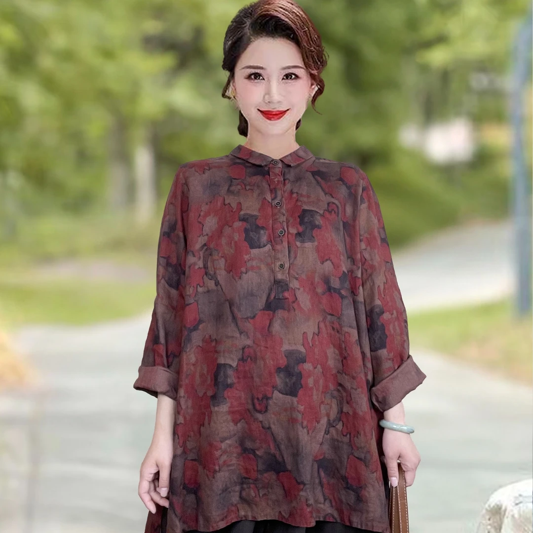 亚麻半开襟中长款衬衫（衣长80-84胸围136）