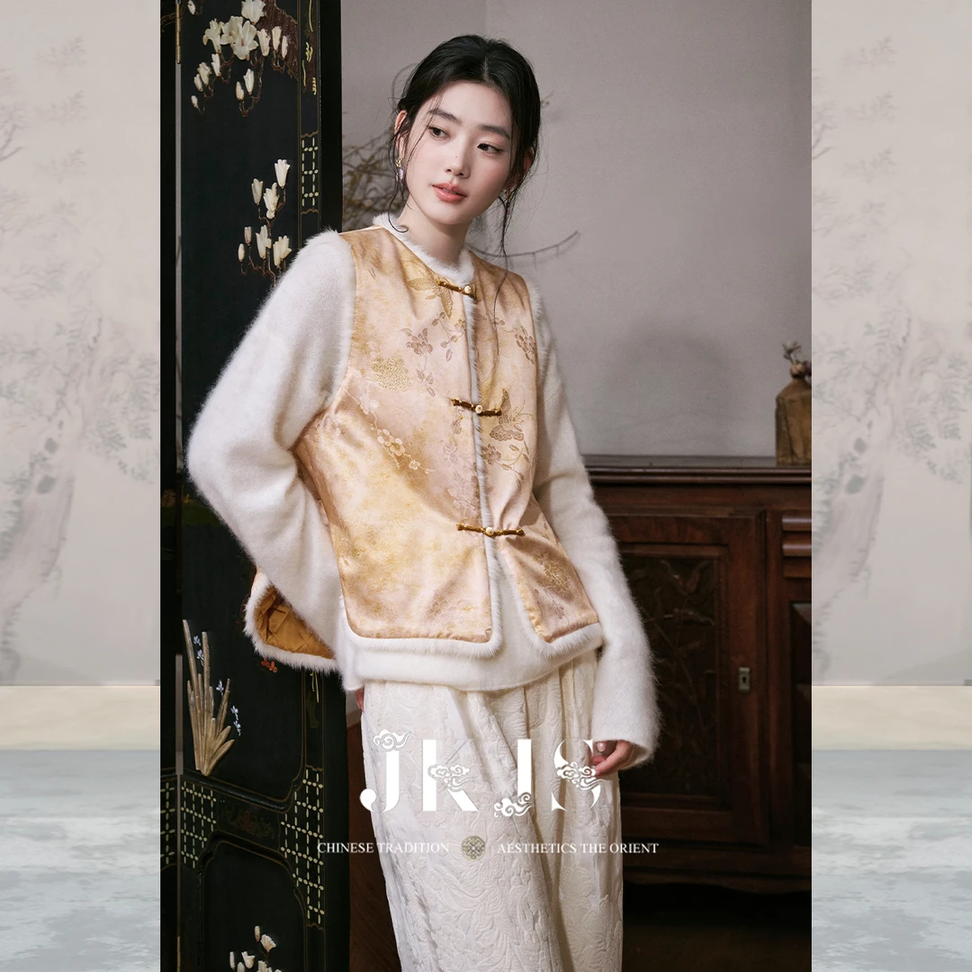 JKJS【软烟罗】人丝金丝蝴蝶水貂毛棉马甲冬外穿女新中式坎肩马夹