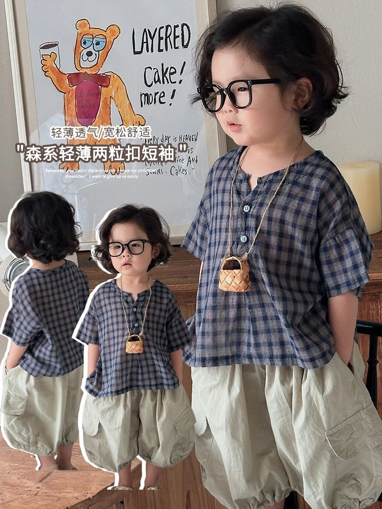 《夏上新》韩版儿童撞色格子圆领衬衫25XL993男童女童森系百搭半袖
