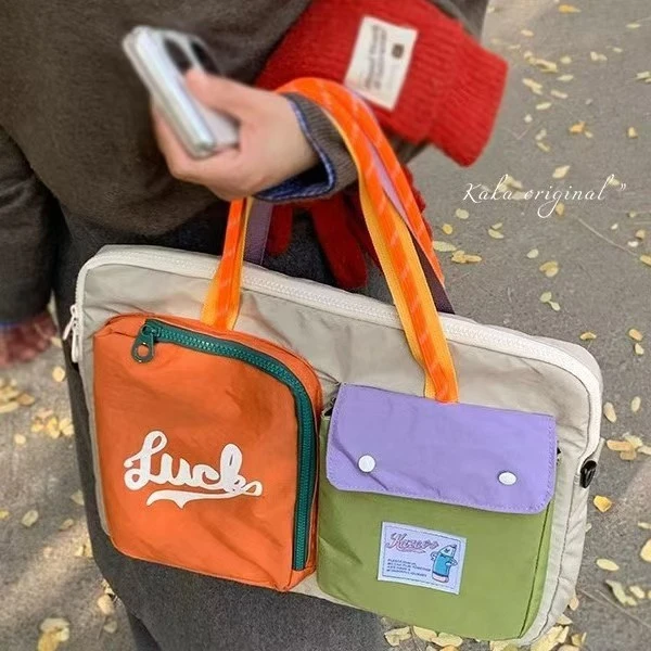 新款潮时尚韩国电脑包包女撞色帆布包休闲大容量手提旅行包