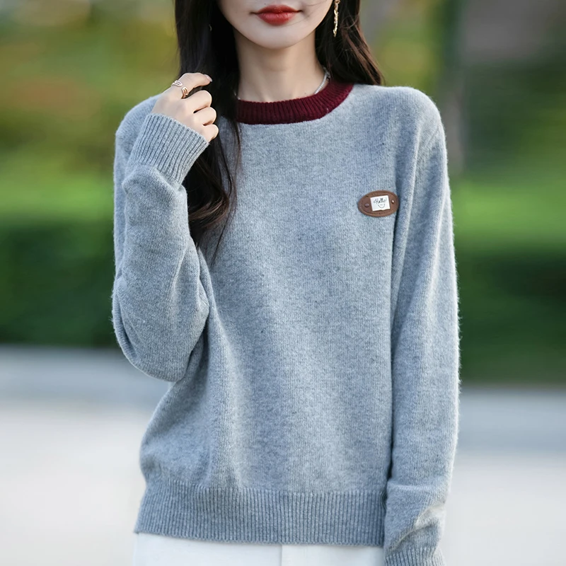 哥弟阿玛施正品2025春秋新款订标拼色圆领长袖针织衫韩版宽松上衣