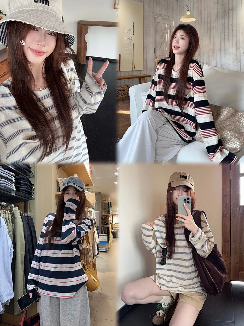 【miu系美学】长袖T恤百搭拼色宽松圆领韩版宽松型吸汗条纹中长款