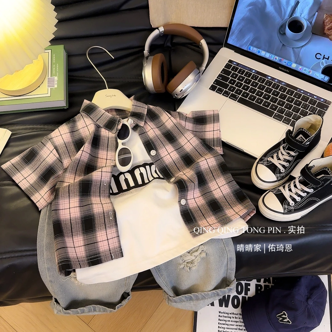 新款短袖春季儿童洋气宝宝格子衬衣休闲韩版4864