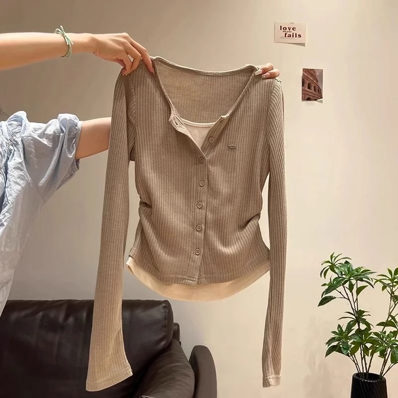 网红胖MM拼接撞色假两件长袖T恤大码设计感褶皱收腰修身内搭打底