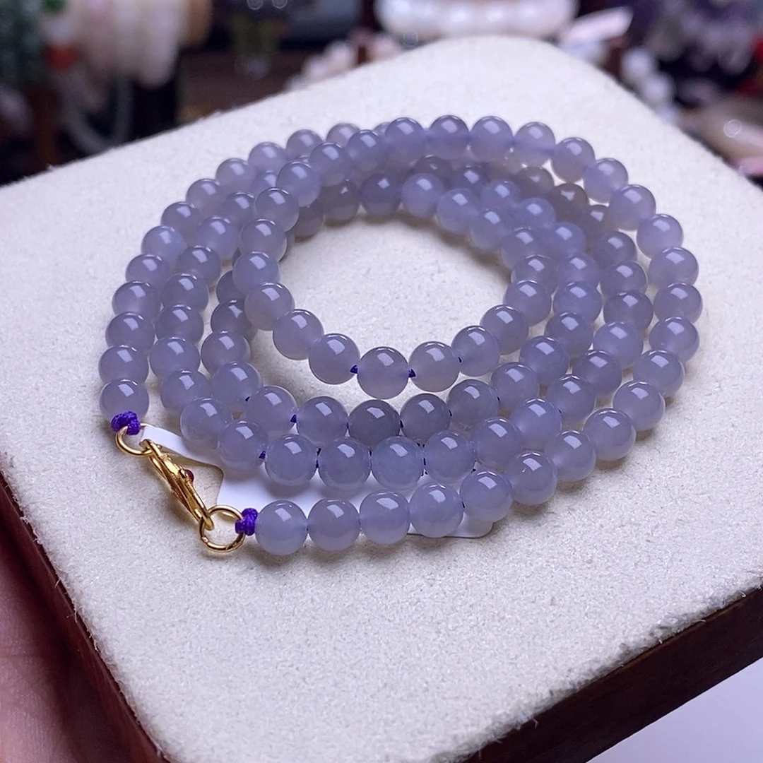 颈饰未镶嵌和田玉毕业级老坑料高冰烟紫珠链5.8m