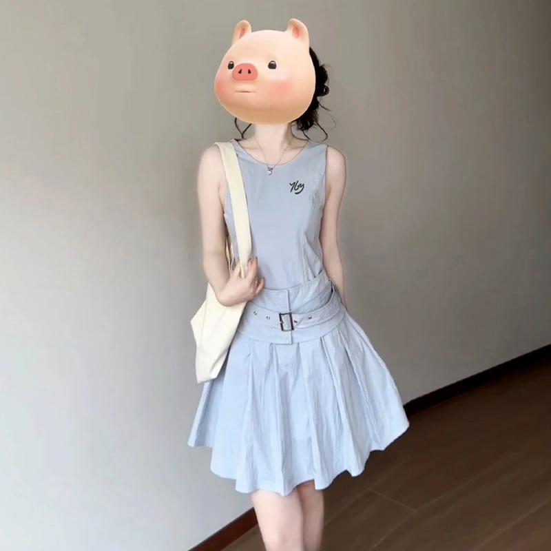 学院风蓝色无袖背心连衣裙子女夏2025年新款爆款漂亮收腰百褶短裙