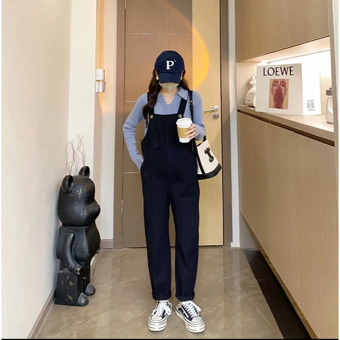 【喵喵严选】孕妇春季套装韩版简约翻领长袖上衣时尚百搭孕妇背带裤