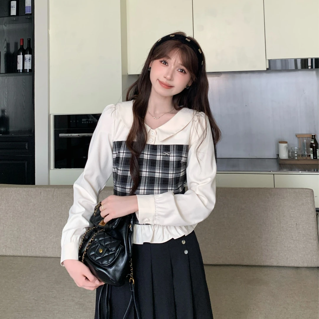 慕兔法式收腰显瘦方格拼接长袖衬衫女2025秋季新款设计感小众上衣
