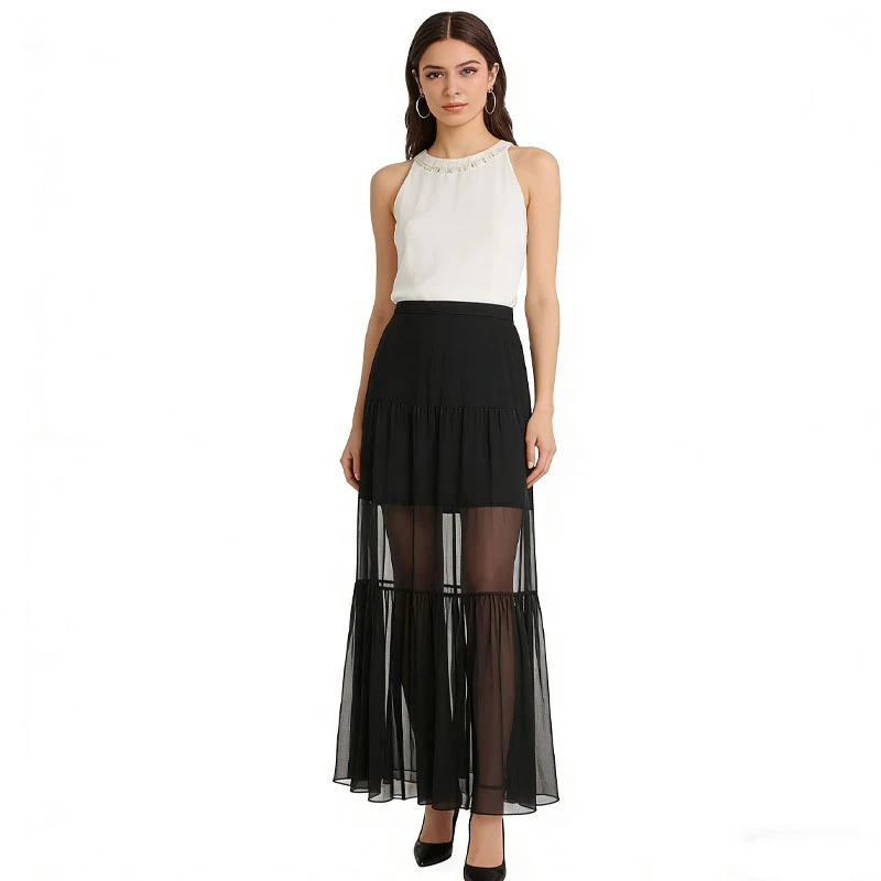 100%桑蚕丝半身裙女春夏拼接时尚中长款伞摆裙子