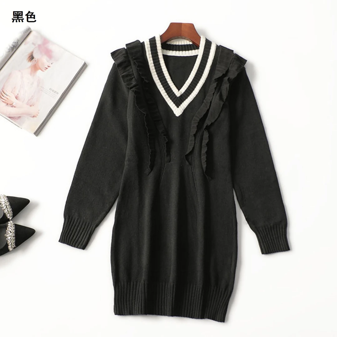 410478冬中长款长袖V领针织衫黑色秋冬